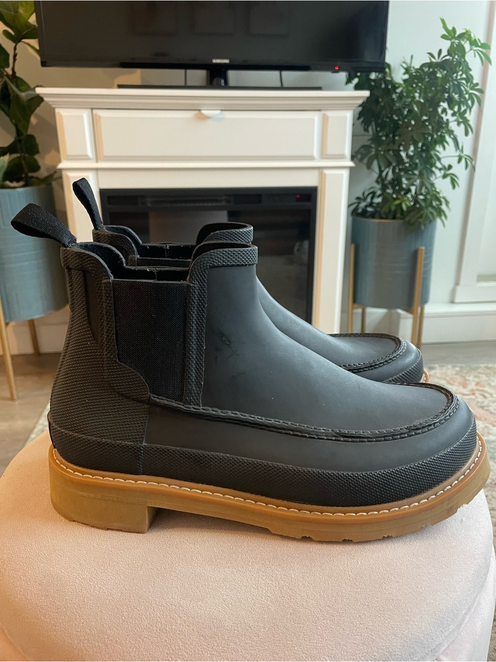 Hunter Original Moc Toe Black Chelsea Rain Boots with Tan Stacked Sole